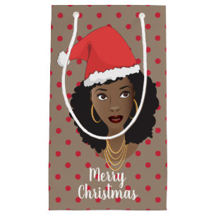 Petit Sac Cadeau Joyeux Noël! Femme noire Santa Hat Gum Rouge