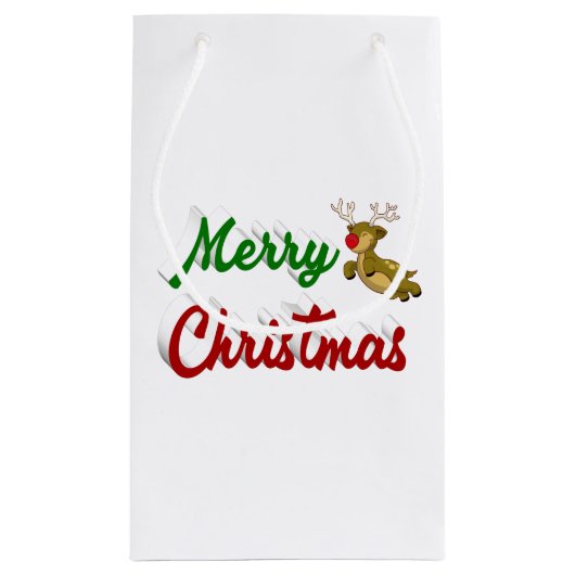 Petit Sac Cadeau Joyeux Noël Flying Reindeer rouge vert script (Dos)