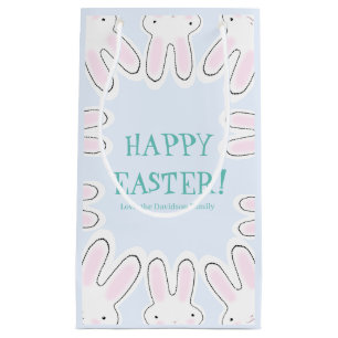 Petit Sac Cadeau Joyeux Pâques bleu pâle mignon lapins péeking drôl