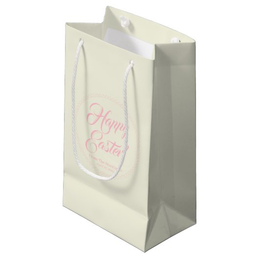 Petit Sac Cadeau Joyeux Pâques rose crème script personnalisé éléga (Devant Angle)