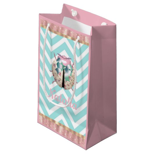 Petit Sac Cadeau Ladybug chevron rose bleu floral mignon (Devant Angle)