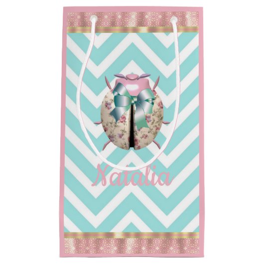 Petit Sac Cadeau Ladybug chevron rose bleu floral mignon (Devant)