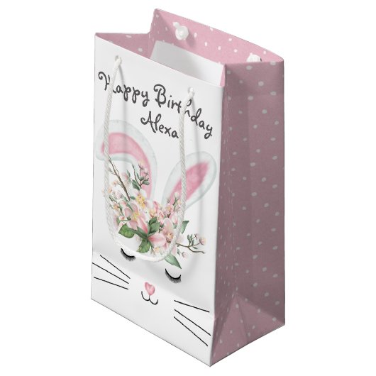 Petit Sac Cadeau Lapin d'anniversaire avec fleurs (Devant Angle)