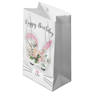 Petit Sac Cadeau Lapin d'anniversaire avec fleurs