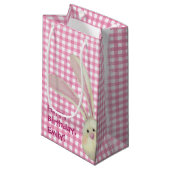 Petit Sac Cadeau lapin mignon sur en vichy rose (Devant Angle)