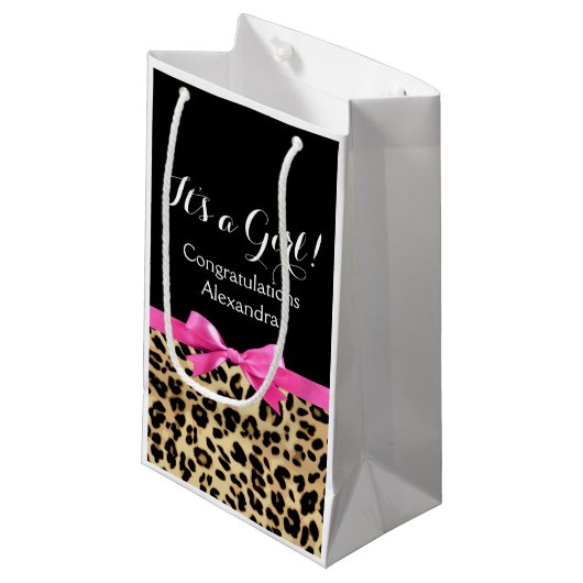 Petit Sac Cadeau Leopard Hot rose Bow C'est un Baby shower Safari f (Devant Angle)