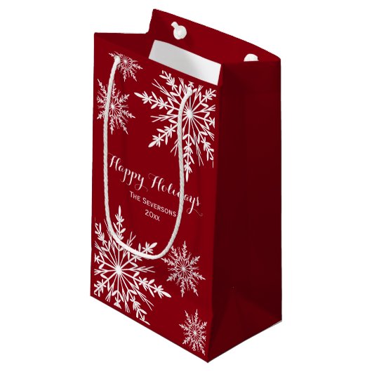 Petit Sac Cadeau Les flocons blancs d'hiver sur Red Happy Holidays (Devant Angle)