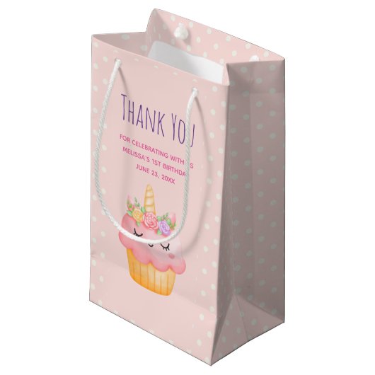 Petit Sac Cadeau Licorne Cupcake Rose Pink Merci (Devant Angle)