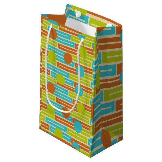 Petit Sac Cadeau Lime Green, Cinnamon Brown, Rectangles Turquoise (Devant Angle)