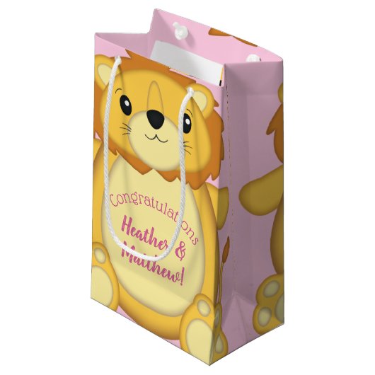 Petit Sac Cadeau Lion Baby shower rose (Devant Angle)