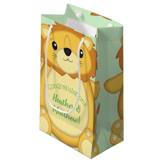 Petit Sac Cadeau Lion Baby shower vert (Devant Angle)