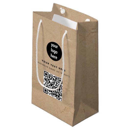 Petit Sac Cadeau Logo d'entreprise code QR Kraft Brun Rustique (Devant Angle)