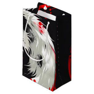 Petit Sac Cadeau Loup blanc rouge lunaire