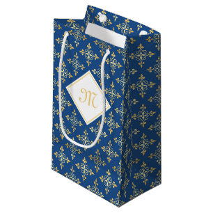 Petit Sac Cadeau Luxueux Monogramme Blue et Gold Quatre Floral