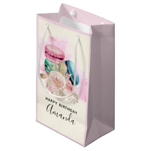 Petit Sac Cadeau Macarons et fleurs colorés Aquarelle Anniversaire