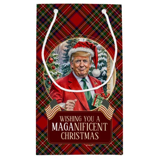 Petit Sac Cadeau MAGA Christmas Tartan Plaid Père Noël Trump (Dos)