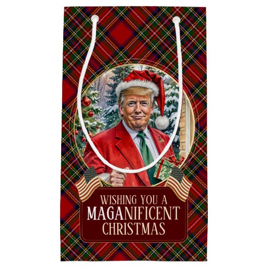 Petit Sac Cadeau MAGA Christmas Tartan Plaid Père Noël Trump (Devant)