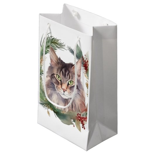 Petit Sac Cadeau Maine Coon Chat Noël Wreath Festive Kitten (Devant Angle)