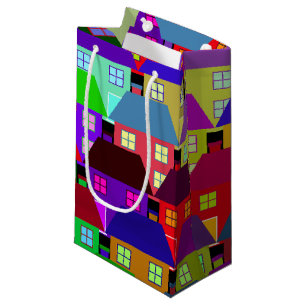 PETIT SAC CADEAU MAISONS COLORÉES RÉSIDENTIELLES HABITATIONS VINTAG