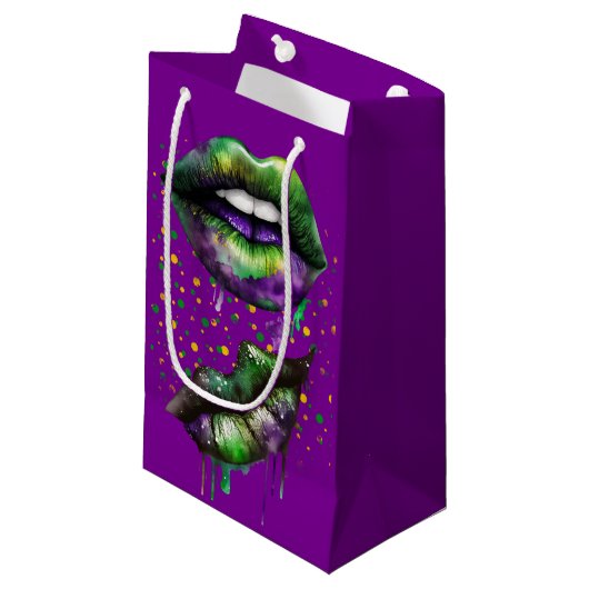 PETIT SAC CADEAU MARDI GRAS LÈVRES EN PURPLE OR VERT (Devant Angle)