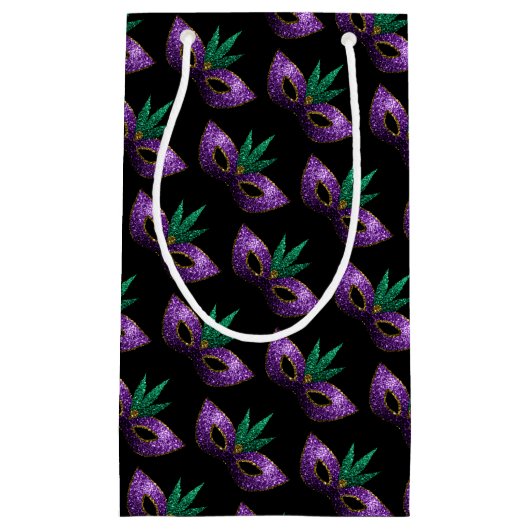 Petit Sac Cadeau Mardi Gras Masque violet vert or éclaboussures mot (Devant)