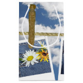 Petit Sac Cadeau marguerites dans poche en jean bleu sur fil de lin (Dos)