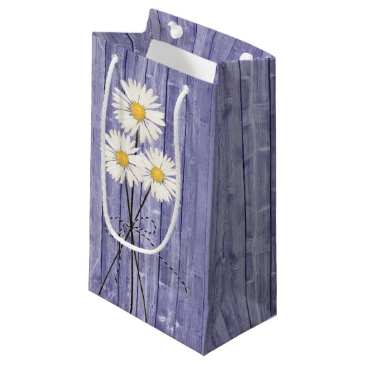 Petit Sac Cadeau Marguerites Sur Bois Violet (Devant Angle)