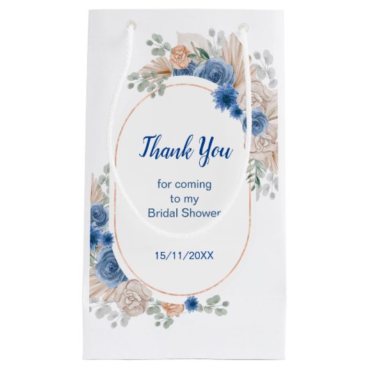 Petit Sac Cadeau Mariage Bohème Bleu Herbe de Pampas (Devant)