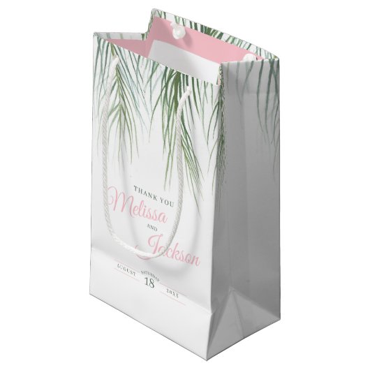 Petit Sac Cadeau Mariage de palme tropicale grâce vert foncé blanc  (Devant Angle)