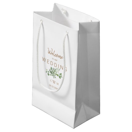 Petit Sac Cadeau Mariage Faveur Blanc & Or Monogramme Foliage (Devant Angle)