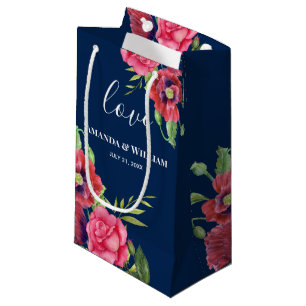 Petit Sac Cadeau Mariage Favor Fleurs rouges et roses Marine noire