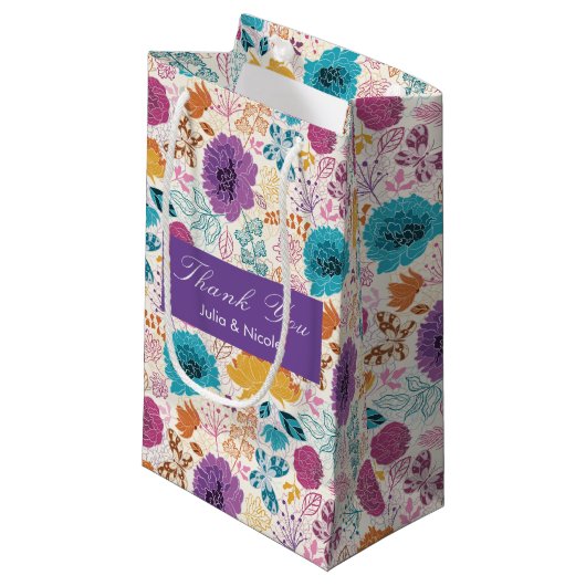 Petit Sac Cadeau Mariage Fleurs de Prairie de Printemps Jaune Viole (Devant Angle)
