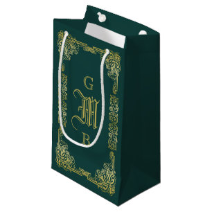 Petit Sac Cadeau Mariage Monogramme Classic Gold Frame Dark Green