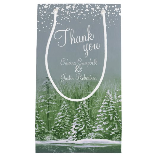 Petit Sac Cadeau Mariages d'hiver pins gris vert art merci (Devant)