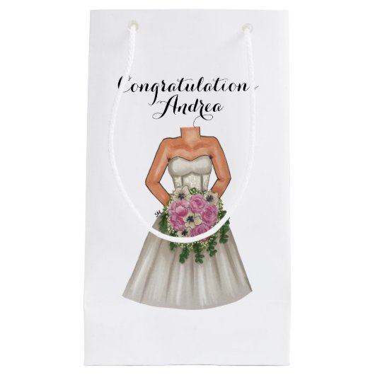 Petit Sac Cadeau Mariée de mariage avec fleurs de bouquet rose (Devant)