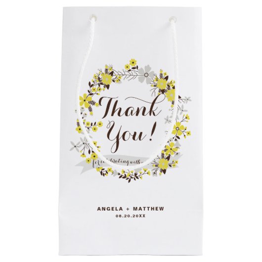 Petit Sac Cadeau Merci de la couronne fleurie jaune et gris (Devant)