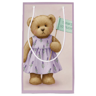Petit Sac Cadeau Merci tellement!, Teddy dans une robe de lavande,