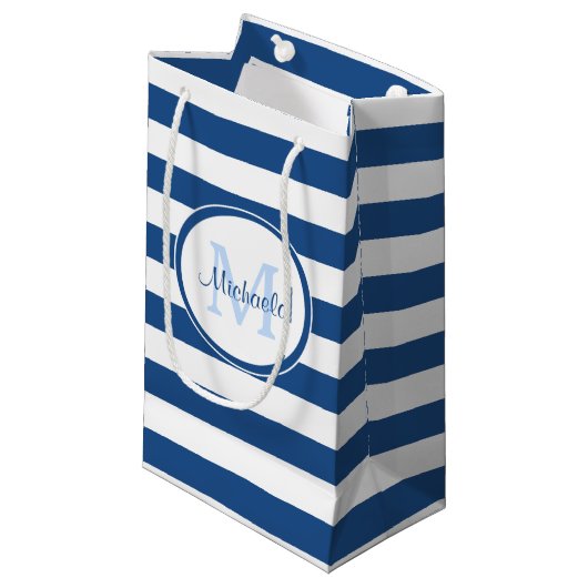 Petit Sac Cadeau Mod Stripes et Dressy Dark Blue Monogramme Nom (Devant Angle)