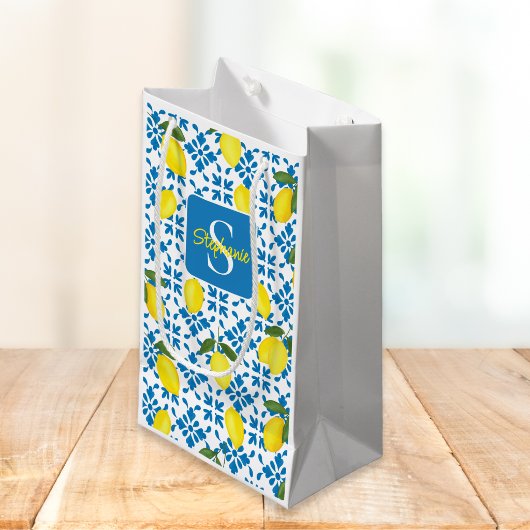 Petit Sac Cadeau Monogram Blue Tile French Country Lemon Pattern 