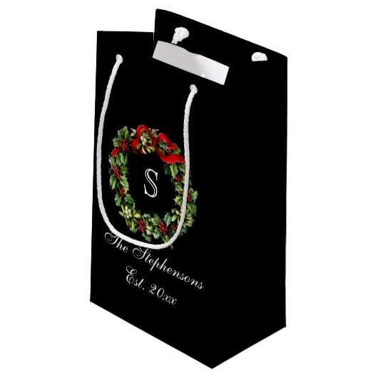 Petit Sac Cadeau Monogramme classique Holly Wreath Custom Christmas (Dos Angle)