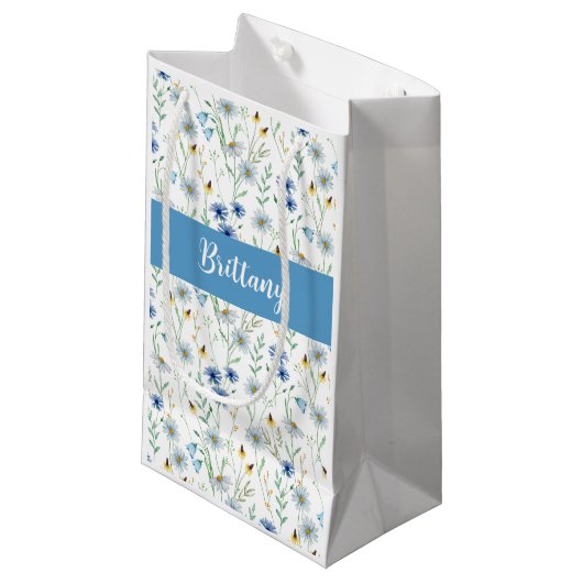 Petit Sac Cadeau Monogramme d'aquarelle Fleur sauvage bleu (Devant Angle)