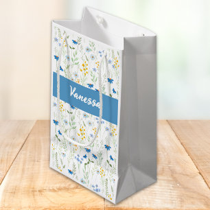 Petit Sac Cadeau Monogramme de nom de fleur sauvage aquarelle bleue