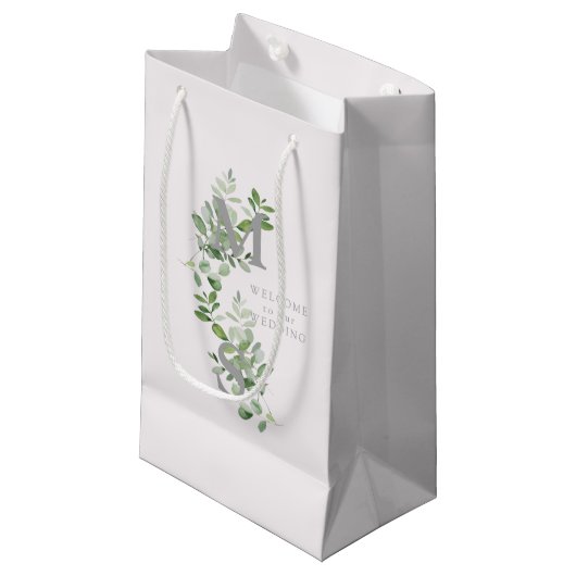 Petit Sac Cadeau Monogramme Eucalyptus rose pâle Mariage Bienvenue (Devant Angle)