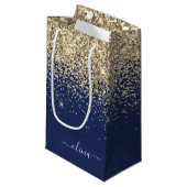 Petit Sac Cadeau Monogramme Féminin Paillettes Bleu Marine Or Nom S (Devant Angle)