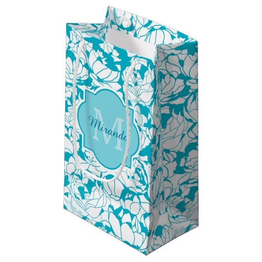 Petit Sac Cadeau Monogramme Floral Turquoise Moderne Avec Nom (Devant Angle)
