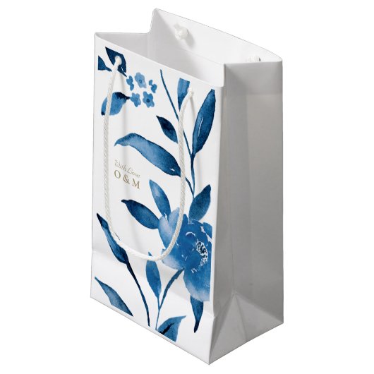 Petit Sac Cadeau Monogramme Mariage floral bleu (Devant Angle)