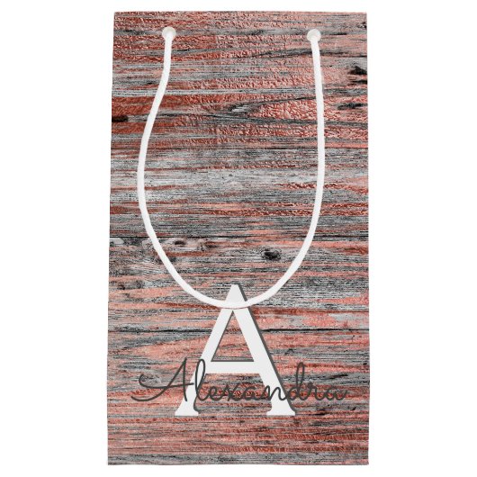 Petit Sac Cadeau Monogramme or rose et bois rustique & initial (Devant)