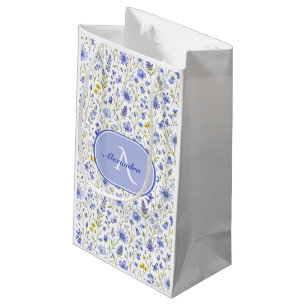 Petit Sac Cadeau Motif de fleur sauvage à l'aquarelle bleue avec no