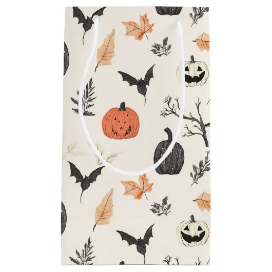Petit Sac Cadeau Motif d'Halloween avec citrouilles et oiseaux. (Devant)