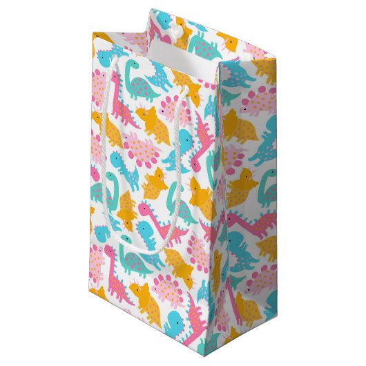 Petit Sac Cadeau Motif Dinosaur rose et Turquoise (Devant Angle)